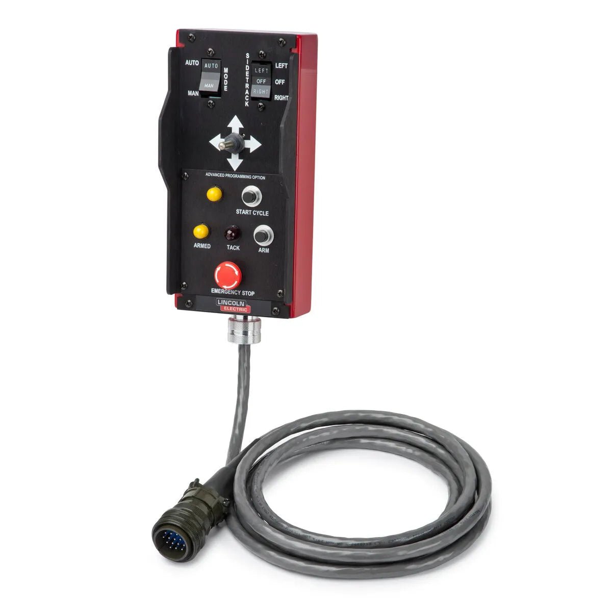 The Lincoln Seam Tracker Pendant with APC 10 ft. Cable K52023-1 is a black and red handheld control unit for seam tracking, featuring start/emergency stop buttons, arrow keys, function switches, indicator lights, and a long coiled cable. Displayed on white.