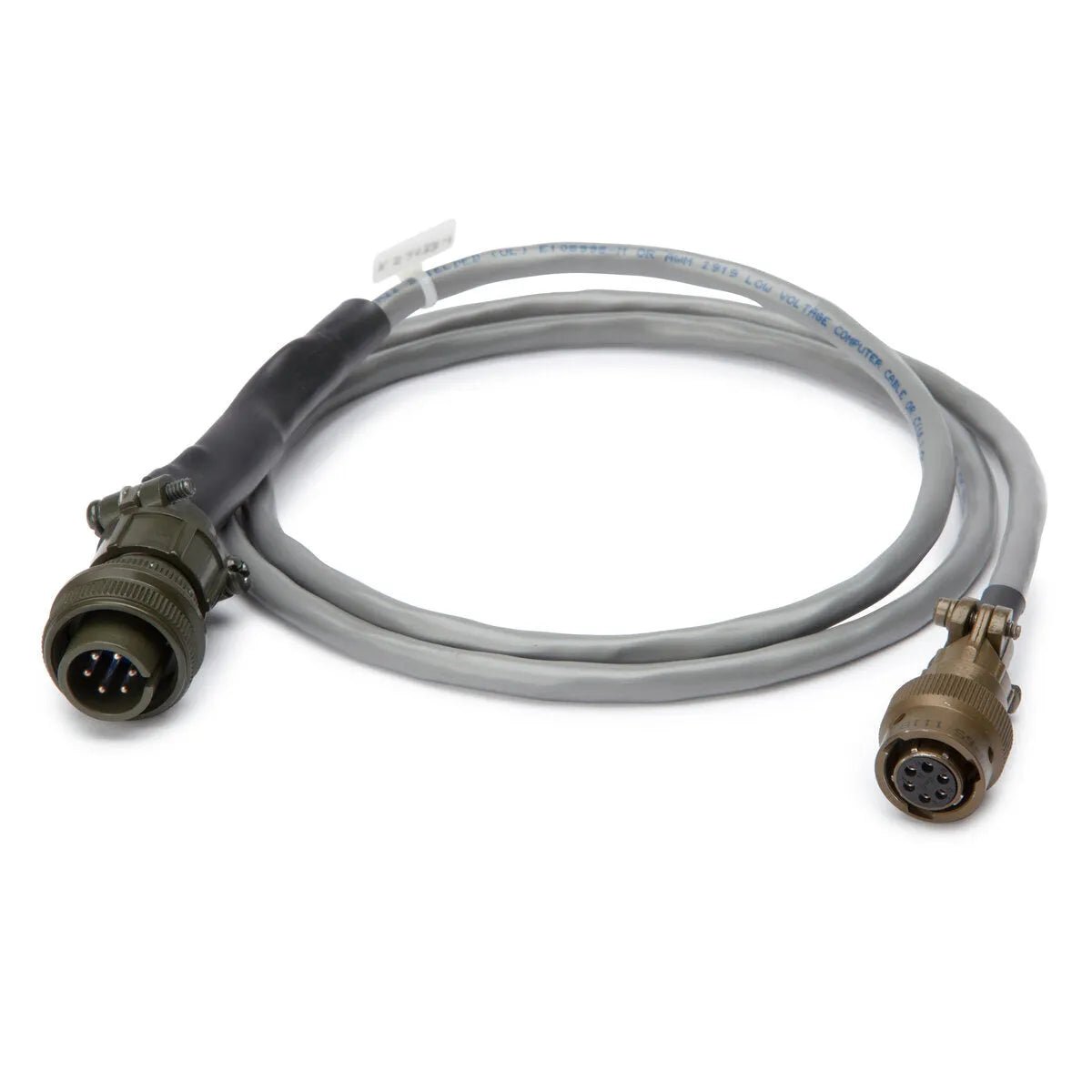 The Lincoln Seam Tracker Sensor Cable Assembly 4 ft. (1.2 m) K52033-1 has a gray shielded twisted pair cable with industrial-grade olive green connectors: one four-pin, one seven-hole, both with ridged grips, coiled on a white background.