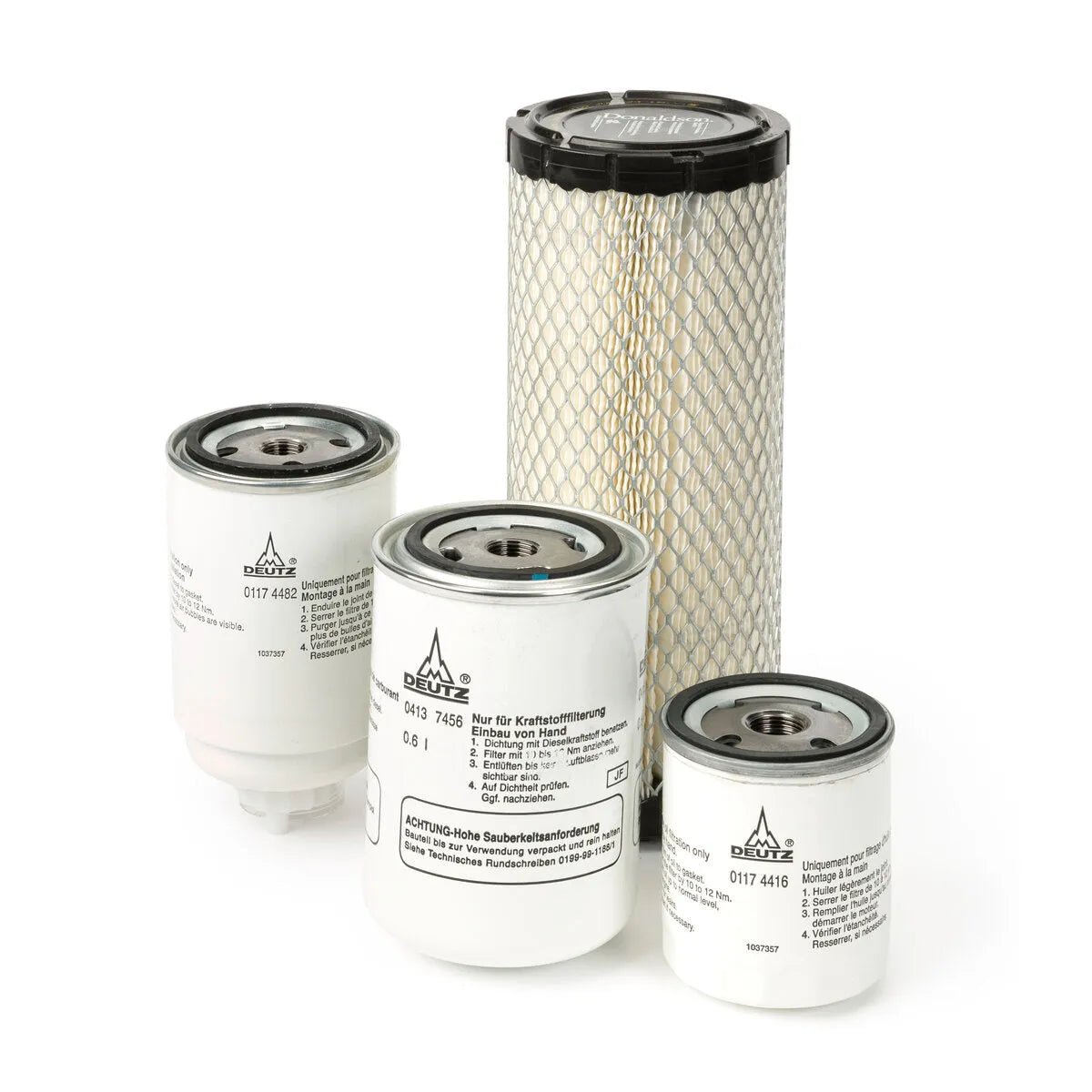 The Lincoln Service Kit for Deutz Engine Model D2.9L4 K3558-3 includes four cylindrical filters—three white metal filters with black text and Deutz logos, and one taller beige mesh-covered filter—all with central installation holes.