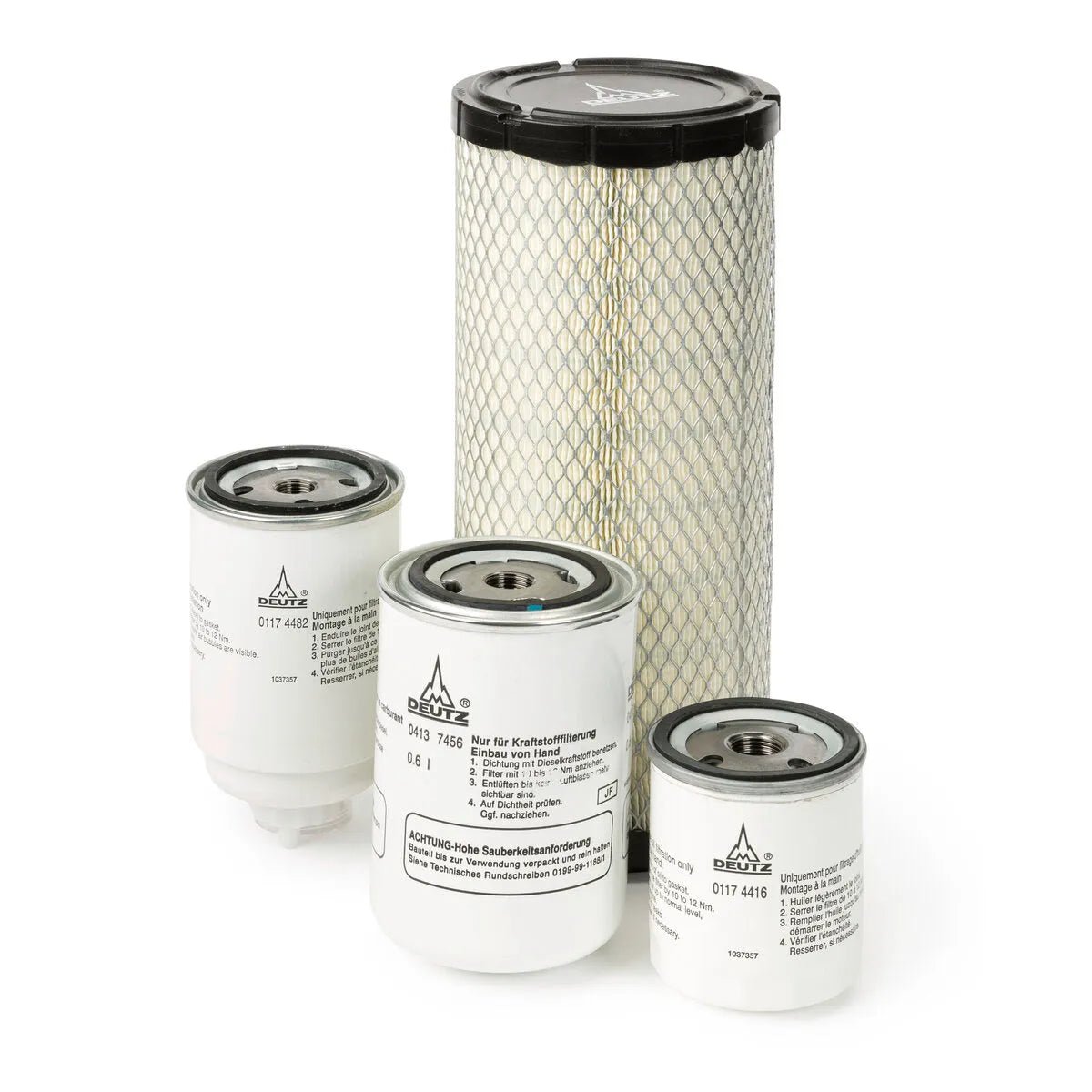 The Lincoln Service Kit for Deutz Engine TD2.9L4 (Vantage) K3558-5 includes three short cylindrical fuel filters and one tall mesh air filter, all shown on a white background for diesel engine welder maintenance.