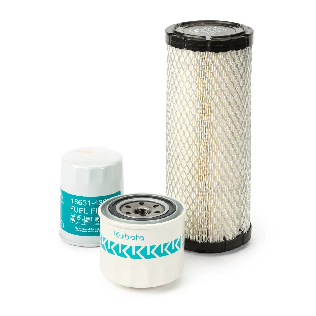 The Lincoln Service Kit for Kubota Engine Model D1503 (K3599-2) includes a tall mesh air filter, a white Kubota-labeled fuel filter canister, and a blue-labeled canister filter—perfect for diesel engine welder maintenance.