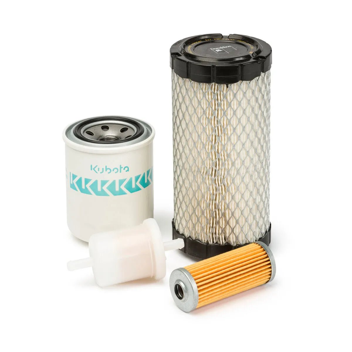 The Lincoln Service Kit for Kubota Engine Model V1505 K3599-1 includes four automotive filters: Kubota oil, air, fuel, and an orange pleated filter—ideal for maintaining your diesel engine welder. All items are displayed on a white background.