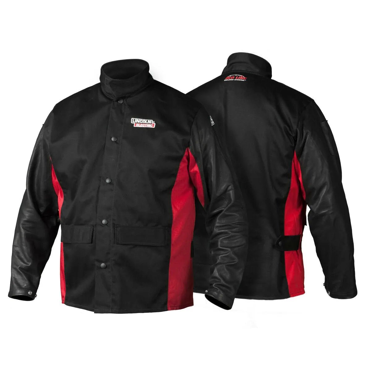 The Lincoln K2987-XXL Shadow Grain Leather Sleeved Welding Jacket 2XLarge is shown front and back in black and red with snap closures, flap pockets, adjustable waist straps, and the Lincoln Electric logo for added protection and durability.