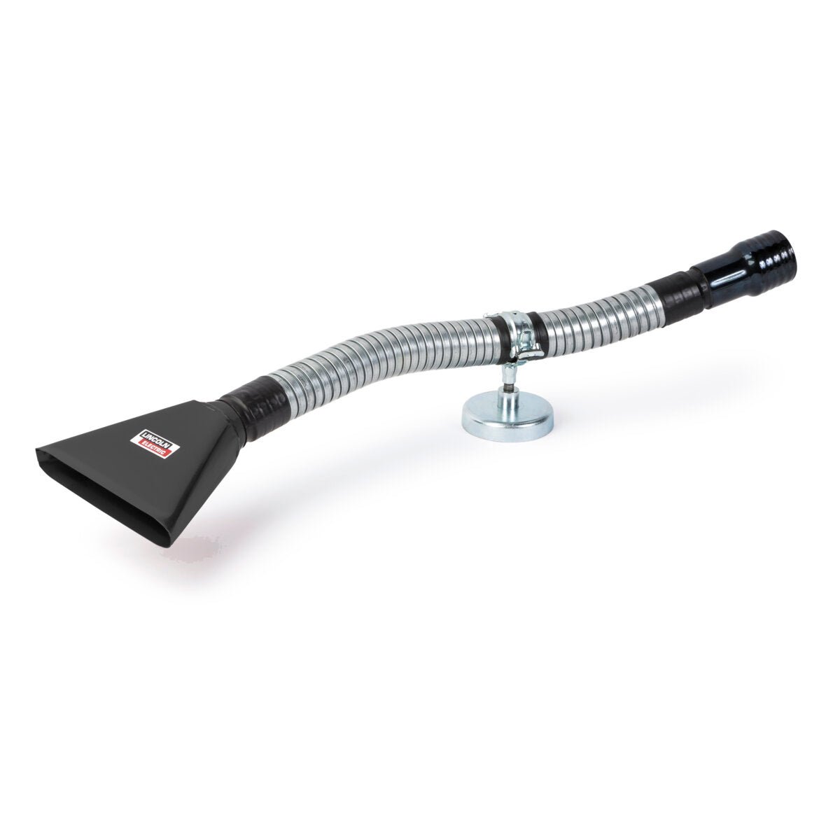 A flexible metal extraction arm with a flat suction nozzle, attached to a round metal base, designed for localized fume extraction in welding applications.