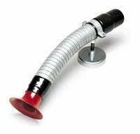 A flexible, silver-colored inspection mirror tool with a black handle and a red round suction nozzle on one end, mounted on a small round base.