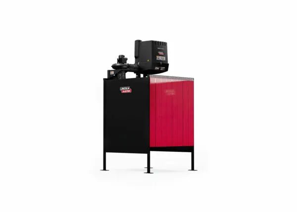 The Lincoln Single Weld Booth Fume Extraction One-Pak 5x5 ft. K5563-1 features a black top with controls, mounted on a tall black and red rectangular base on four legs, displaying the Lincoln Electric logo on the top and front panels.