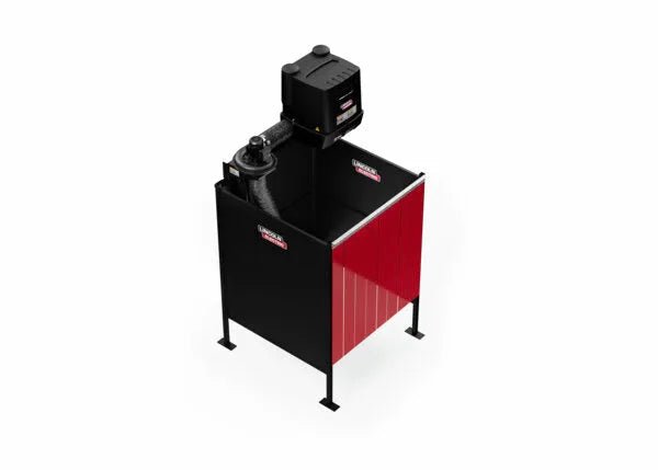 The Lincoln Single Weld Booth Fume Extraction One-Pak 5x5 ft. (K5563-1) is a rectangular industrial machine with black and red metal panels, four legs, a large black motor on top, and branding labels on the front and side.
