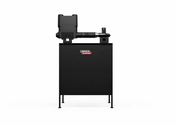 The Lincoln Single Weld Booth Fume Extraction One-Pak 6x6 ft. K5563-3 is a black, four-legged unit with a central box labeled Lincoln Electric and a top-mounted vented assembly for effective weld booth fume extraction.