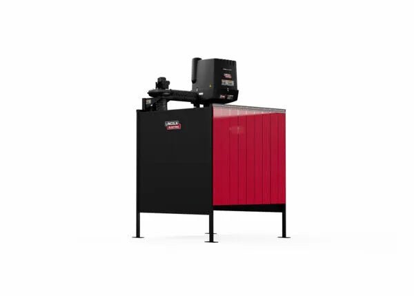 The Lincoln Single Weld Booth Fume Extraction One-Pak 6x6 ft. (K5563-3) is a large, red and black industrial unit with vertical grooves, top-mounted equipment, and a control unit on the upper right, photographed against a plain white background.