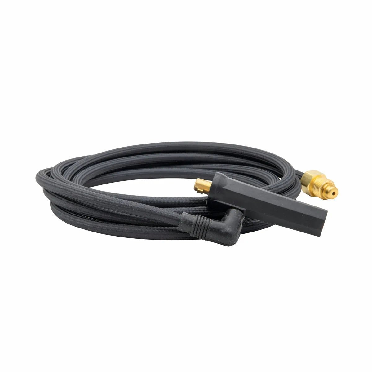 The Lincoln Small Twist Mate Torch Adapter (with separate gas) K960-2 features a coiled black hose with brass fittings, including a straight connector and an L-shaped Twist Mate Torch Adapter attached to a rectangular black handle.