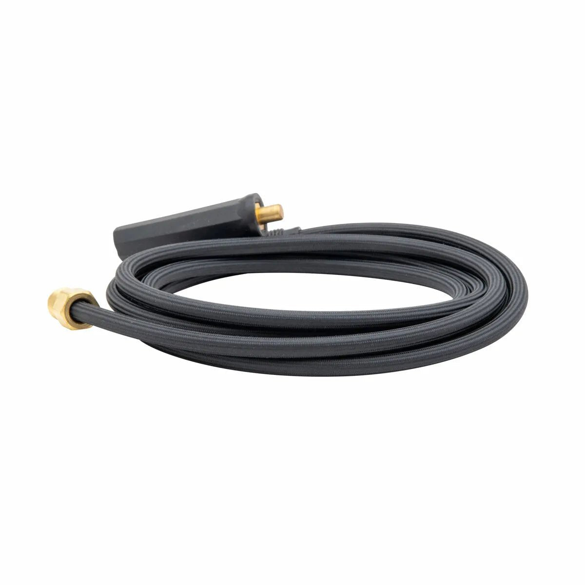 The Lincoln Small Twist Mate Torch Adapter (with separate gas) K960-2 features a coiled black hose with a brass connector and black plastic nozzle, neatly wound in a circle, designed for compatibility with PRO-Torch TIG Torches.