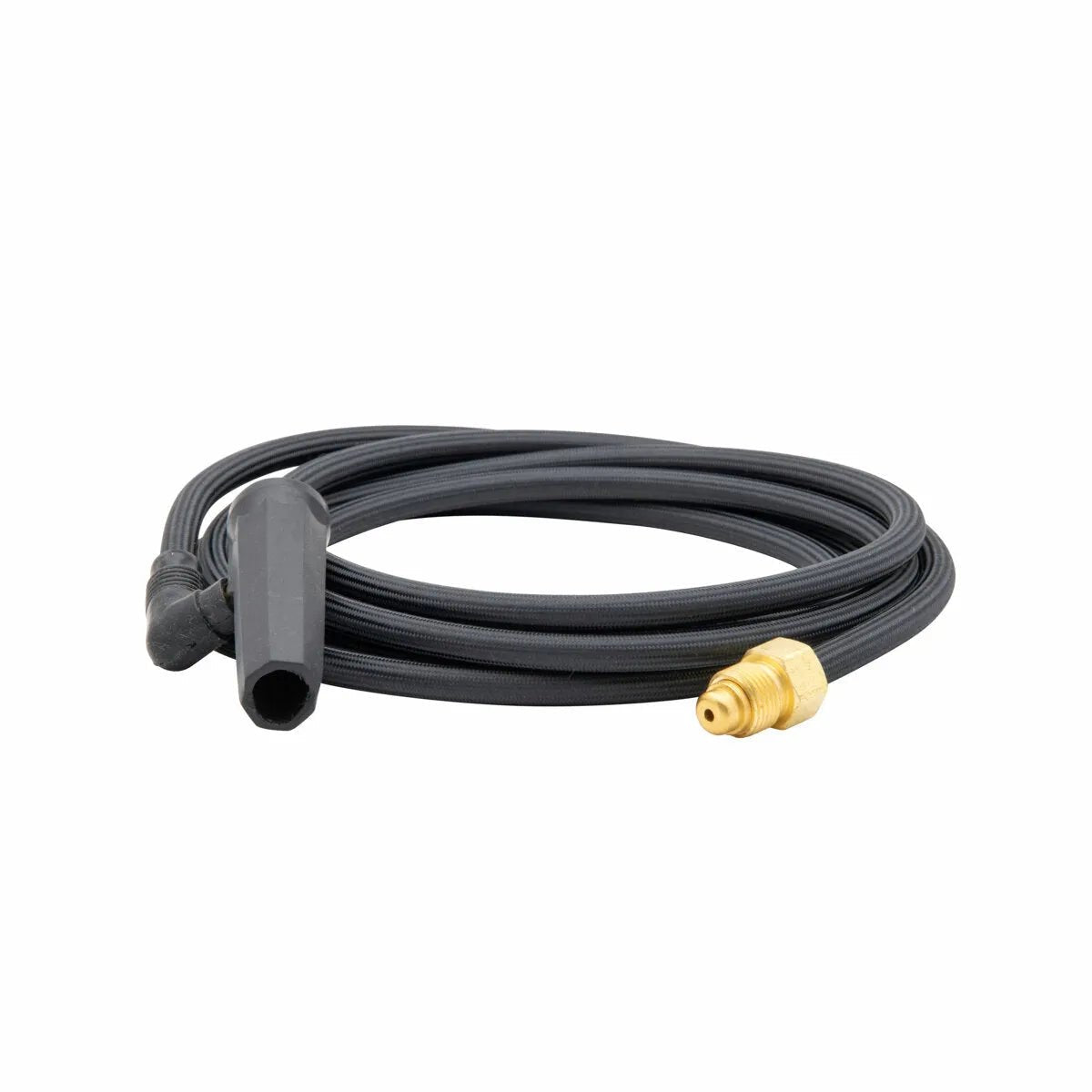 The Lincoln Small Twist Mate Torch Adapter (with separate gas) K960-2, a coiled black hose with a rectangular plastic connector and gold-brass fitting, compatible with PRO-Torch TIG Torches PTA-9A, is shown on a white background.