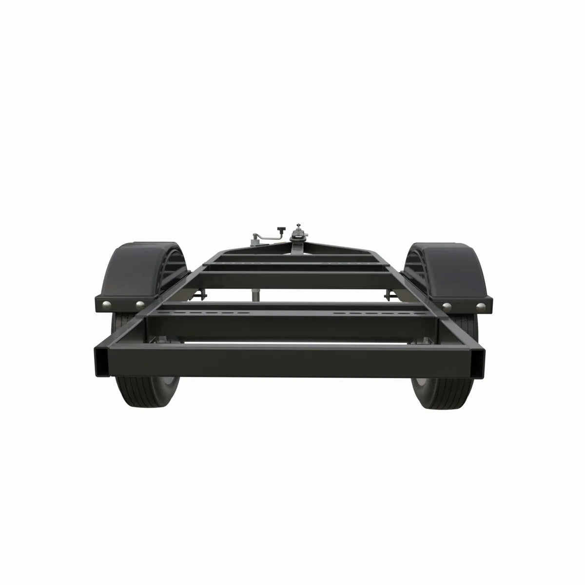 Front view of a black two-wheel trailer frame with fenders, built for heavy-duty road use. Shown empty on a white background, this utility welder trailer is ideal for hauling or attaching additional structures.
