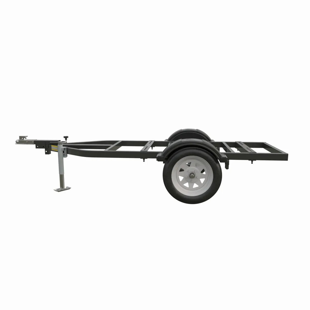 A small, empty utility trailer with a metal frame, single axle, white wheel, and a front support stand, designed for heavy-duty road use, viewed from the side against a white background.