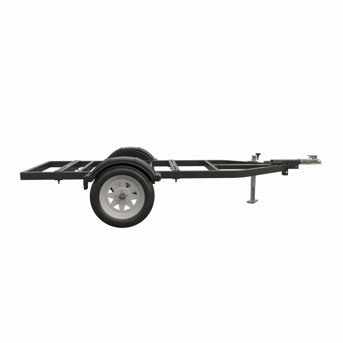 A black, single-axle welder trailer frame with one wheel on each side, a metal support leg at the front, and an open rectangular structure, built for heavy-duty road use and shown on a white background.