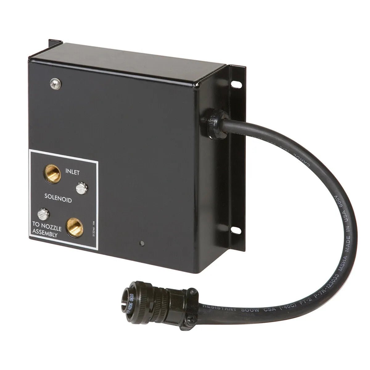 A black metal control box from the Lincoln Solenoid Kit K223 features two labeled brass ports (Inlet and Solenoid) for precise water flow control, a thick cable with a large connector, and pre-drilled mounting flanges.