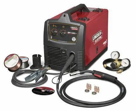 Lincoln SP-180T Wire Feeder Welder U2689-2 in red/black with cables, gauges, wire spool, clamps, welding tips & accessories.