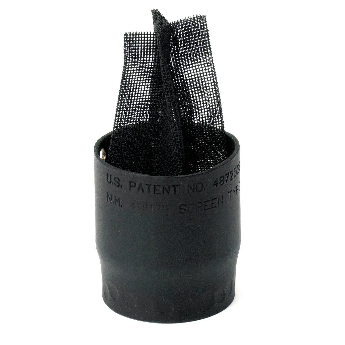 A black cylindrical plumbing screen filter with mesh material extending from the top. The cylinder is labeled with patent and model information and is compatible with select Lincoln Spark Arrestor Kit applications.
