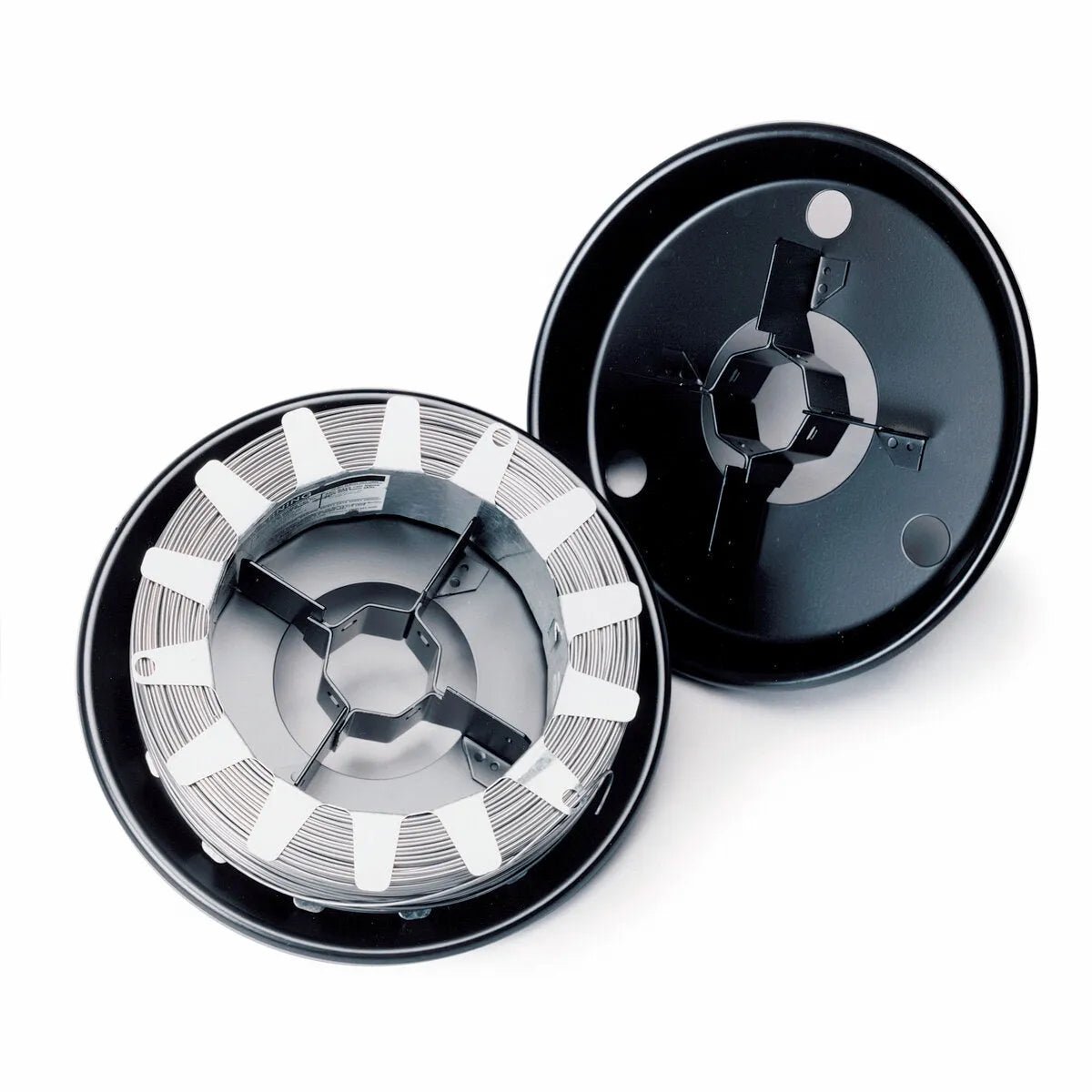 Two black circular Lincoln Spindle Adapter for 14 lb. Coils K435 reels are shown; one holds a coiled strip in clear guides, while the other is upside down revealing its inner structure. Both feature a central hole and multiple supporting spokes.