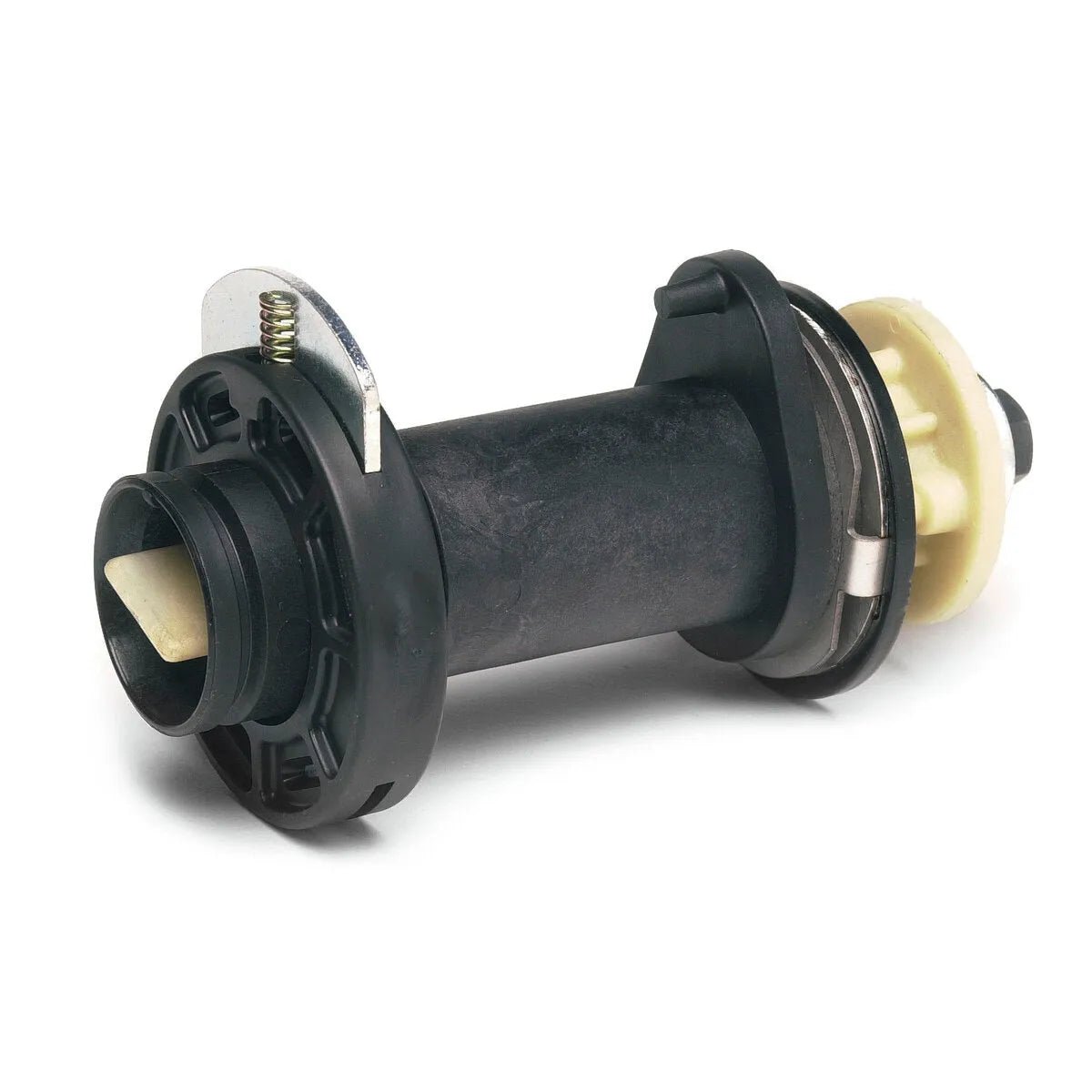A black and beige plastic spool-shaped mechanical component, resembling a Readi-Reels or Lincoln Spindle Adapter, with metal and spring elements, viewed at an angle on a white background.