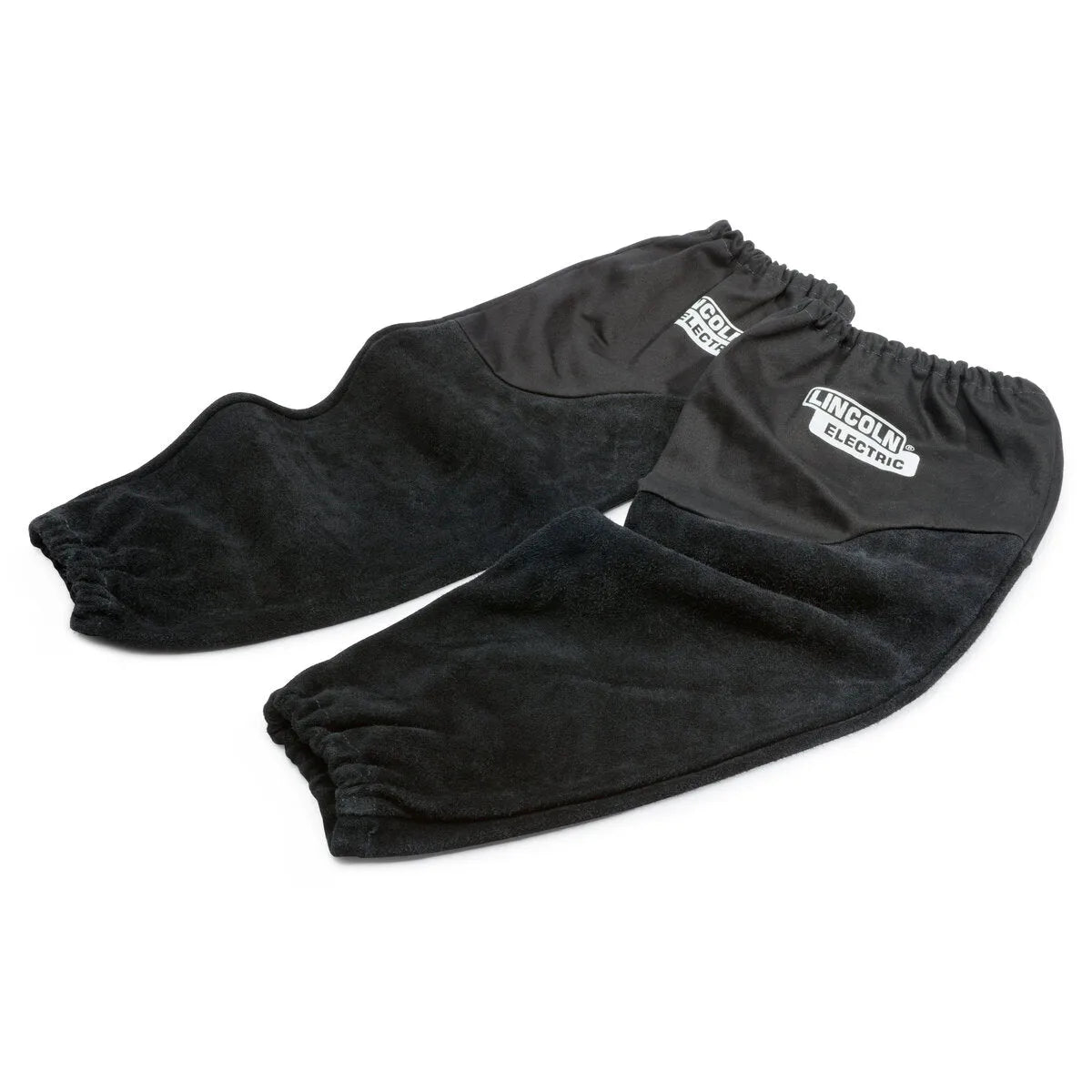 A pair of black Lincoln Electric welding sleeves made from split leather with elastic ends, designed for flame retardant protection in welding or industrial use, displayed on a white background.