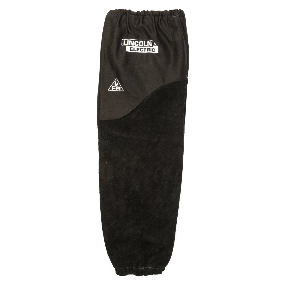 A black Lincoln Electric welding sleeve with an elastic cuff and white logo, made of durable, flame retardant fabric and split leather for reliable arm protection. Perfect for those seeking high-quality welding sleeves.