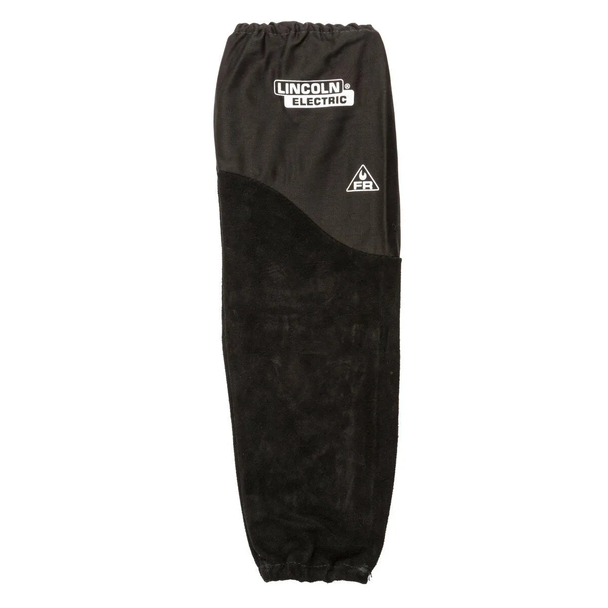 A black flame retardant welding sleeve with an elastic top and bottom, featuring the Lincoln Electric logo and a safety certification symbol. The sleeve appears to be made of split leather and durable fabric.