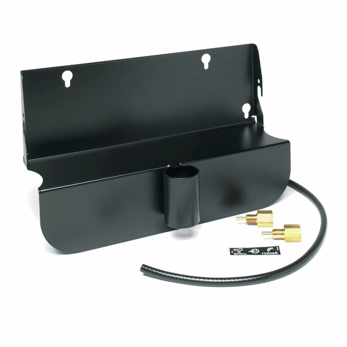 Black metal wall mounting bracket for spool gun cable storage, featuring a central cylindrical holder, short black hose, two brass fittings, and an instruction sticker. Compatible with Lincoln Spool Gun Holder for Power MIG. Displayed on a white background.
