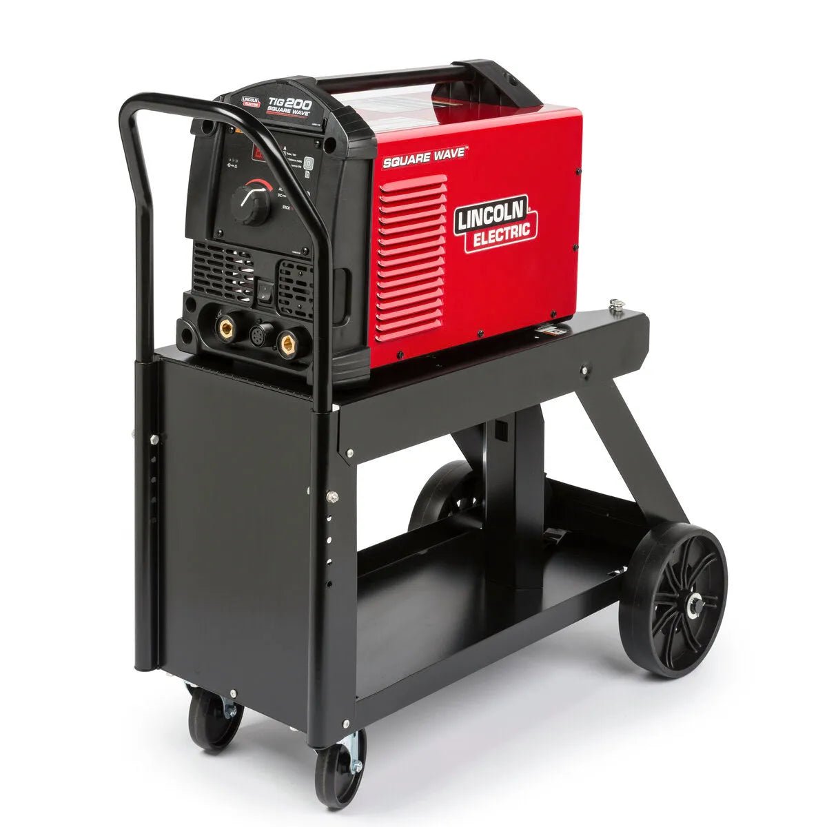 Lincoln Square Wave TIG 200 Welder on wheeled cart with handle, storage shelf, large rear wheels—WeldingMart welding equipment.