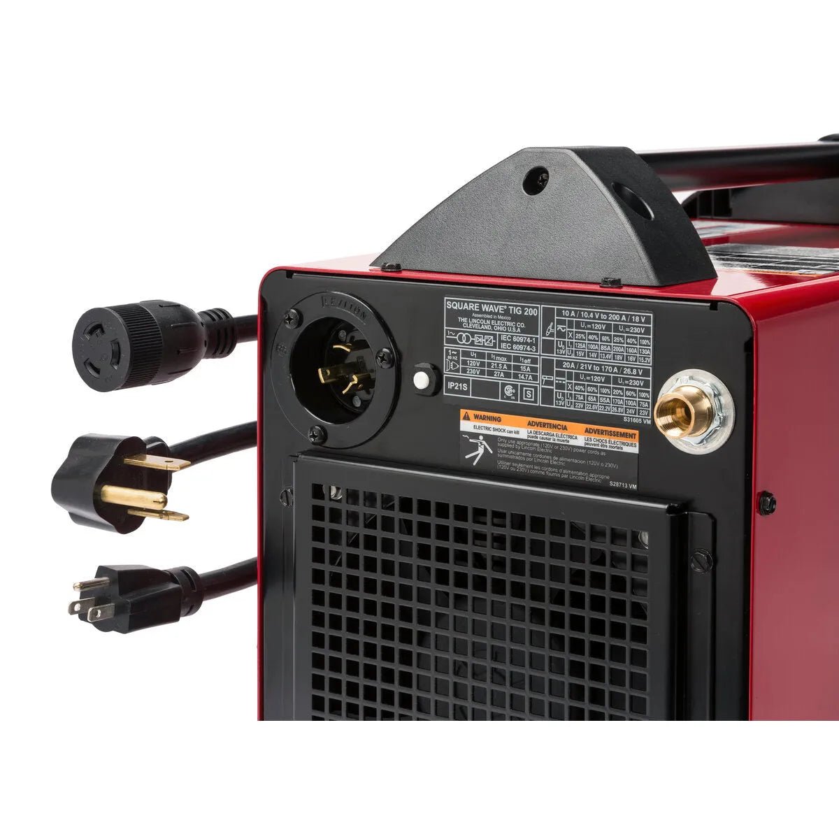 Lincoln Square Wave TIG 200 Welder back panel with power plugs, exhaust vent, gas input, and specs—WeldingMart welding equipment.