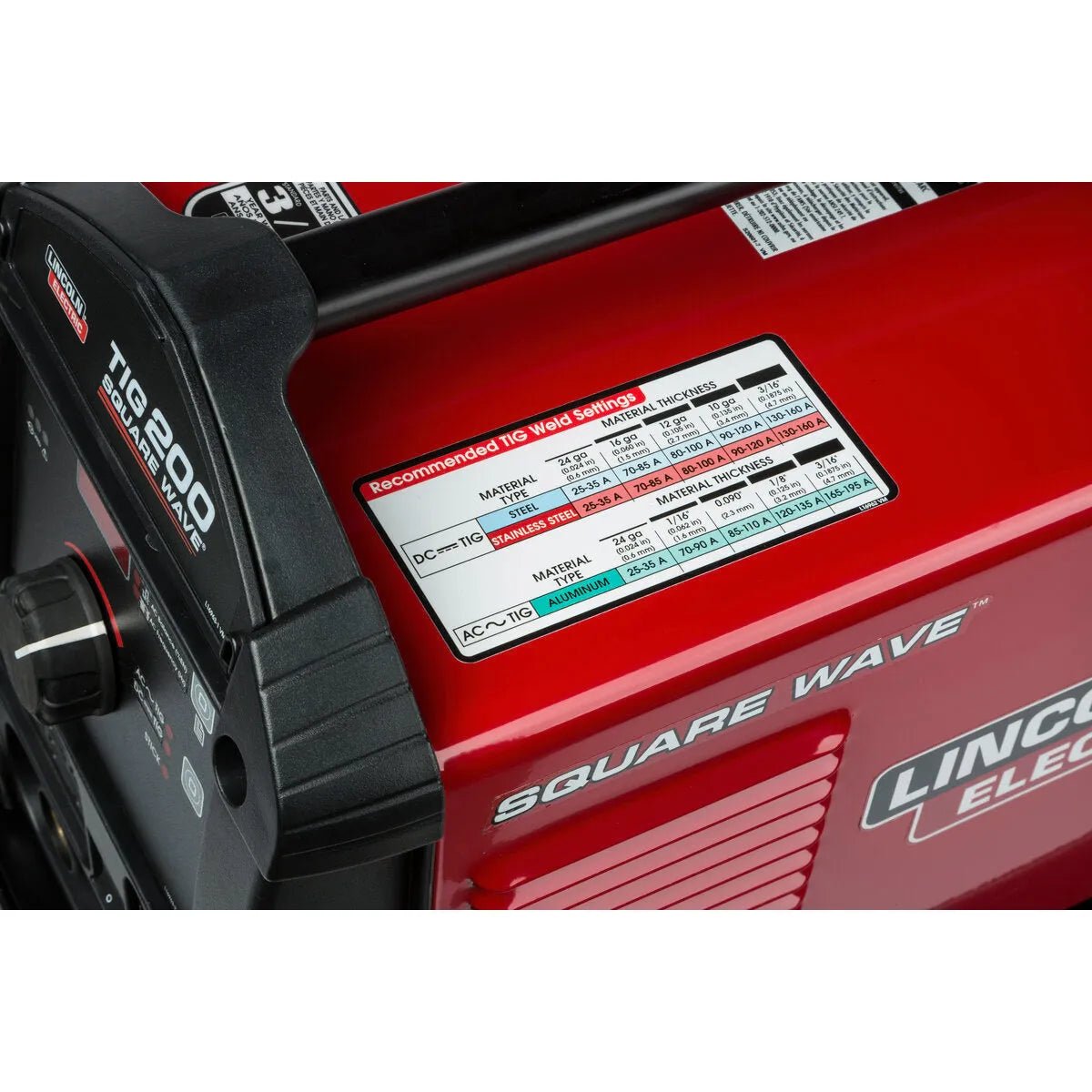 Lincoln Square Wave TIG 200 Welder K5126-1 close-up, showing control dial and label, top welding equipment at WeldingMart.