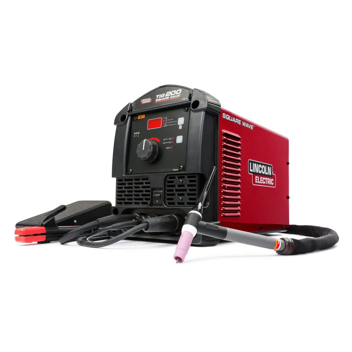 Lincoln Square Wave TIG 200 Welder (K5126-1): red and black portable welding machine with controls, cables, and electrode holder.