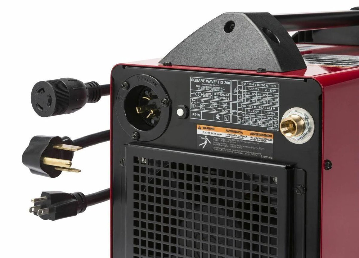 Lincoln SquareWave TIG 200 Welder rear panel showing power cords, outlets, warning label, and specs—WeldingMart welding equipment.