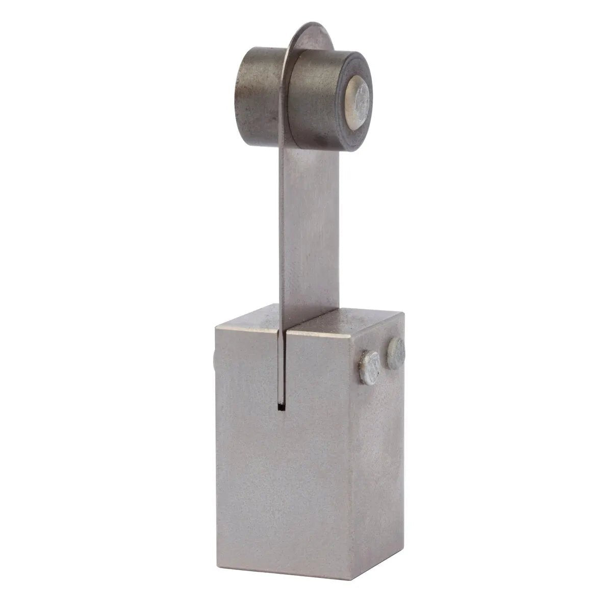 The Lincoln ST01 Tip, Blade and Roller KP52037-1 features a wear-resistant alloy rectangular block with a vertical slit supporting an upright arm and a cylindrical roller on top, offering an industrial design with a smooth, brushed finish.