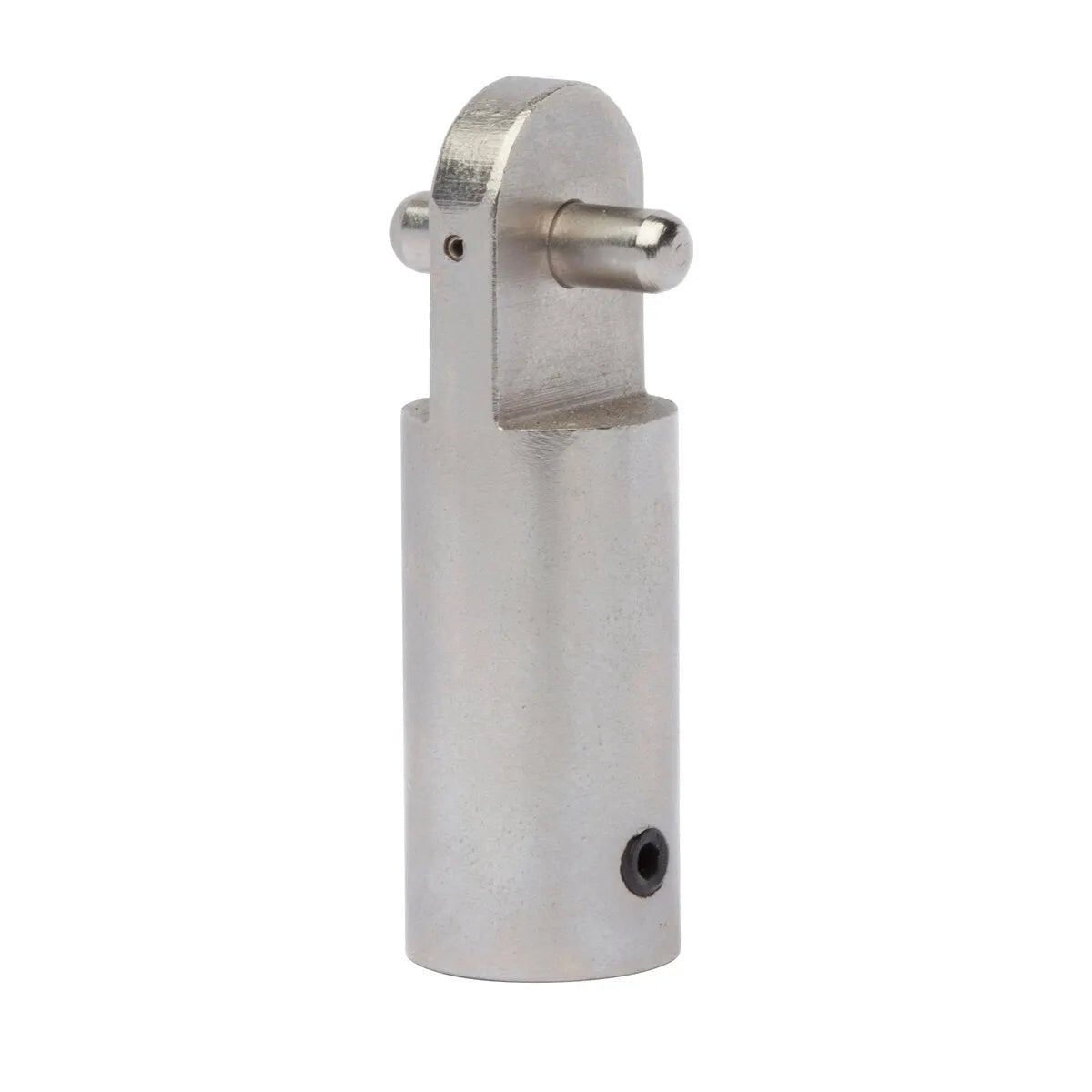 The Lincoln ST08 Tip, Tack Weld Fillet KP52043-1 is a cylindrical metal component with a vertical slot and horizontal pin across the top, plus a small hex screw hole near the base, suitable for use as a mechanical linkage or connector.