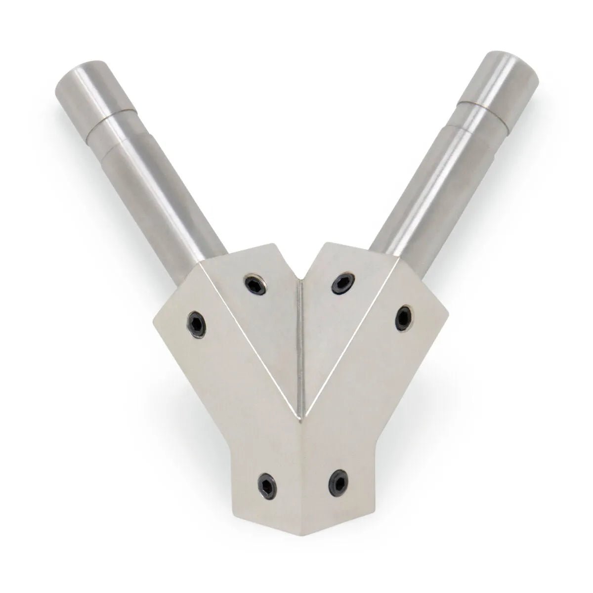 A smooth, polished alloy Lincoln ST13 Tip, Twin Tip KP52045-1 features a V-shaped design with two cylindrical sensor tips at the top and six black screws at the base, three per angled face. Its wear-resistant surface reflects light.