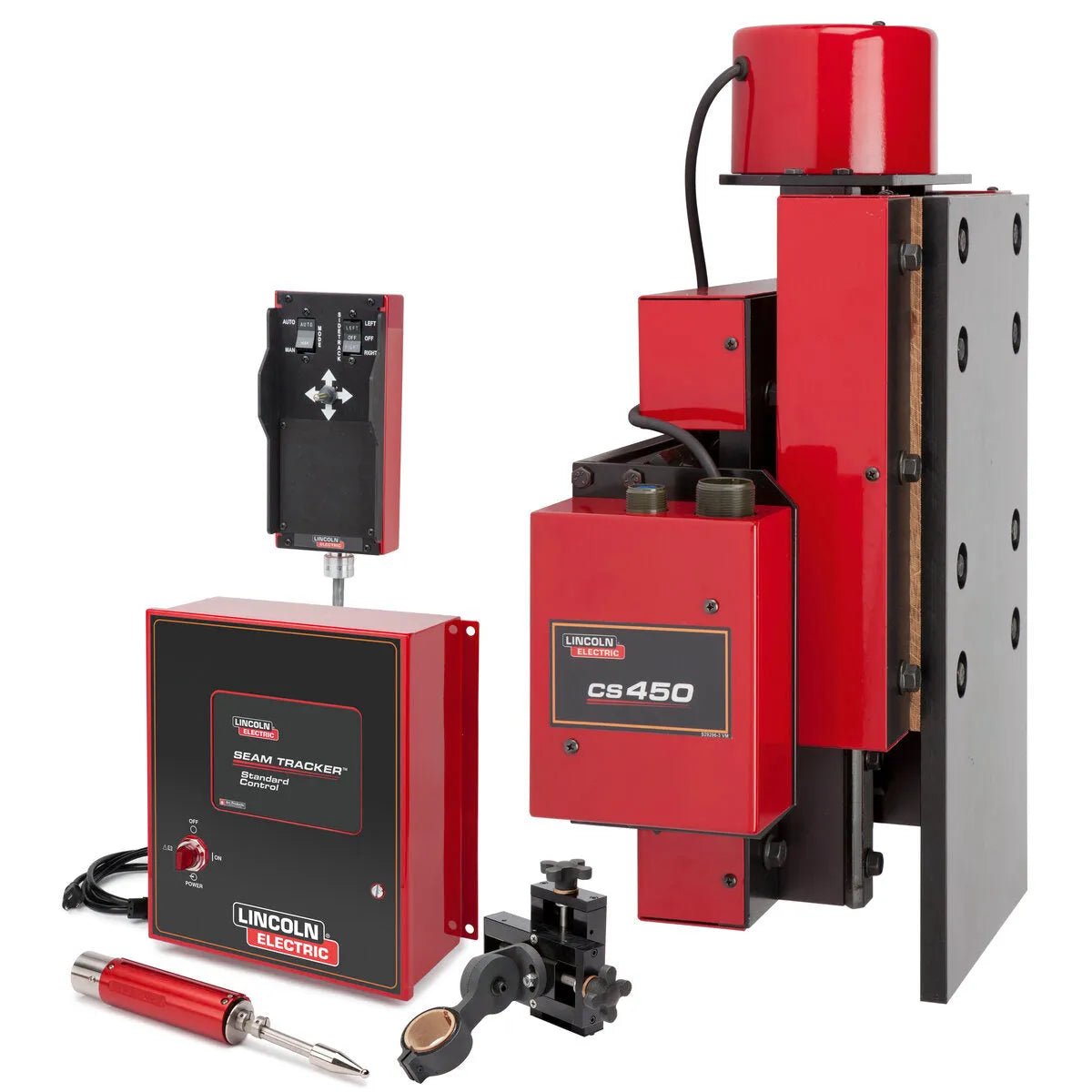The Lincoln ST450 5 x 5 Seam Tracker Standard System One-Pak K52010-0505 by Lincoln Electric includes the ST450 machine, control box, seam tracking sensor unit, silver torch, and metal accessories shown on a white background.