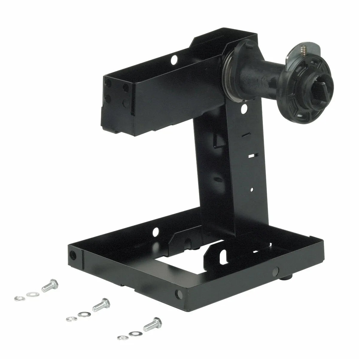 A black metal L-shaped mounting bracket for the Lincoln Standard Duty Wire Reel Stand K2328-1. It has a cylindrical part on the upper right and comes with four screws and washers, displayed on a white background.