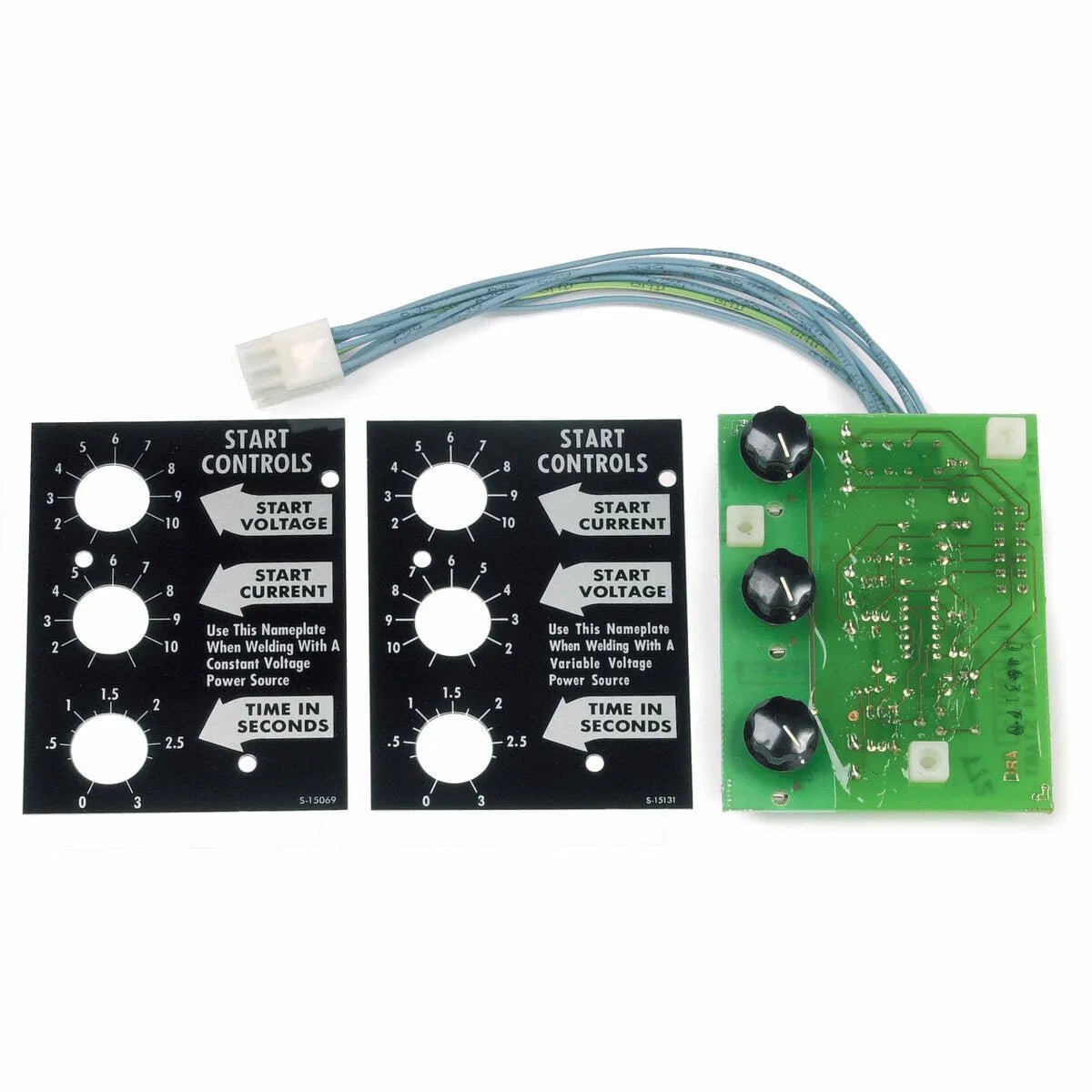 Lincoln Start Controls K221 green PCB with cable and two black welding control panels with dials for penetration, voltage, current, time.