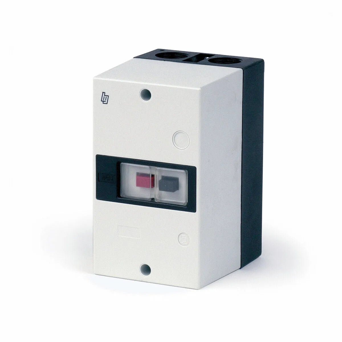 A white Lincoln Starter Overload Switch with a black base, featuring two buttons—one red and one black—in the center and two circular ports on top.