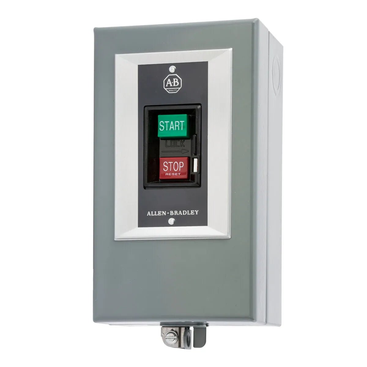A gray Allen-Bradley industrial control panel with a green START button and a red STOP button on the front, mounted in a rectangular metal enclosure, features a starter overload switch for reliable equipment protection.