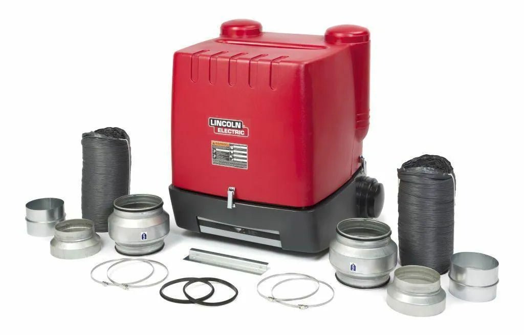 A Lincoln STATIFLEX 200-M Dual Arm K1654-2 welding fume extractor, red with a black base and Lincoln Electric label, is centered on a white background, surrounded by black flexible hoses, metal duct connectors, clamps, and gaskets.