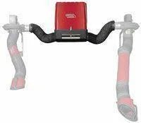 A Lincoln STATIFLEX 200-M DUAL ARM K1654-2 wall-mounted extractor in red and black, featuring a rectangular main unit with a central display and two large flexible vacuum-like hoses extending downward, semi-transparent at the ends.