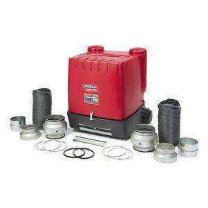 A Lincoln Statiflex 200-M Dual Weld One-Pak (K4261-1) fume extractor sits center, surrounded by hoses, metal connectors, clamps, and circular rubber seals—key components for efficient fume extraction—neatly arranged on a white background.