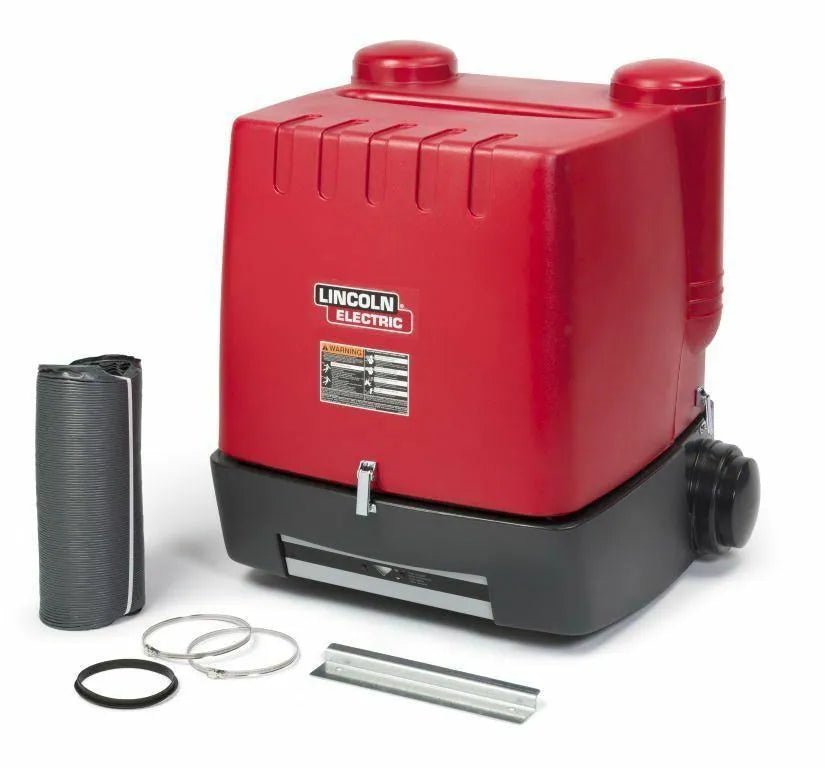 The Lincoln STATIFLEX 200-M SINGLE ARM K1654-1 is a red welding wire feeder with a black base, control panel, and two round red dials. Includes a black cable and accessories—perfect for wall-mounted fume extractors or filtration systems.