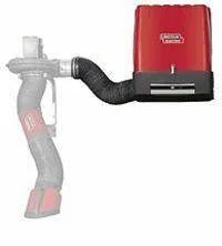 Image shows the Lincoln STATIFLEX 200-M SINGLE ARM K1654-1, a red and black wall-mounted fume extractor with flexible hose attached to a vehicle tailpipe, demonstrating effective exhaust and welding fume removal.