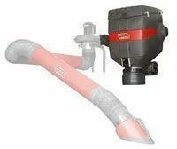 The Lincoln STATIFLEX 400-MS HI EFFICIENCY BASE UNIT K1742-2 is a high-efficiency system featuring a large black motorized unit, a self-cleaning filter, and a red and white flexible hose with a wide nozzle for material suction.