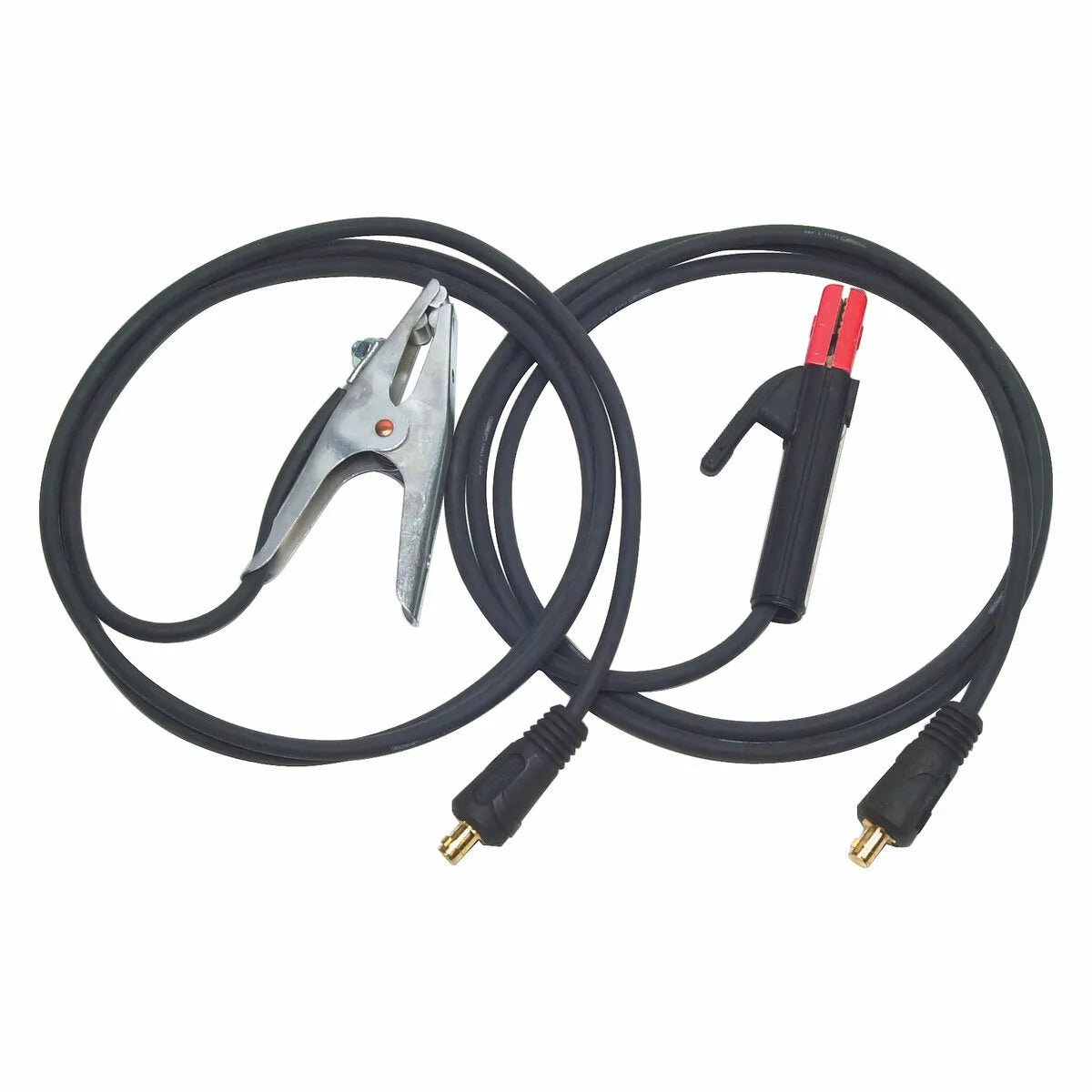 A pair of black welding cables with connectors on each end; one cable features a metal clamp, and the other has a stick electrode holder with red and black grips, both compatible with Twist Mate adapter connections.