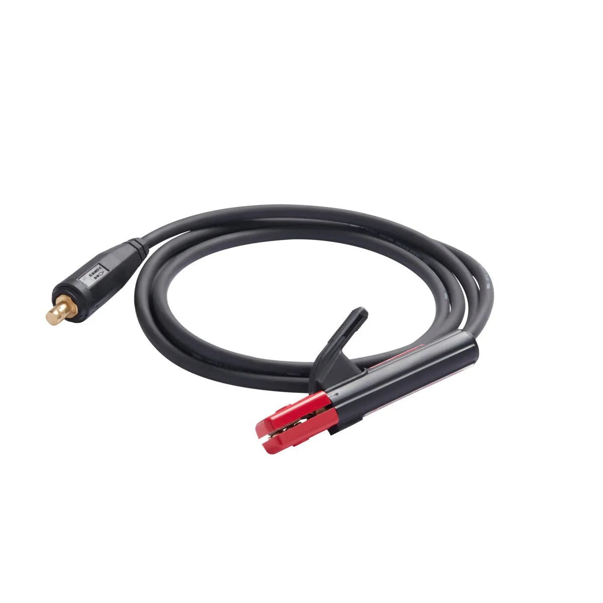 A coiled black welding cable with a red and black stick electrode holder clamp on one end and a round brass Twist Mate adapter plug on the other, isolated on a white background.