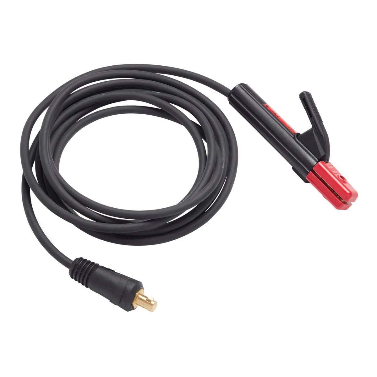 A 12.5 ft coiled black cable with a red-handled Lincoln Stick Electrode Holder on one end and a Twist Mate connector plug on the other, used for welding or electrical applications.